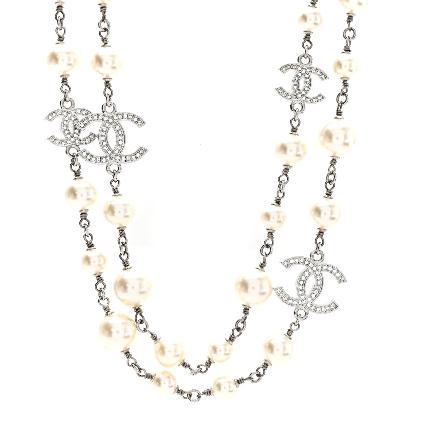 Graduated Pearl Crystal CC Long Necklace Silver