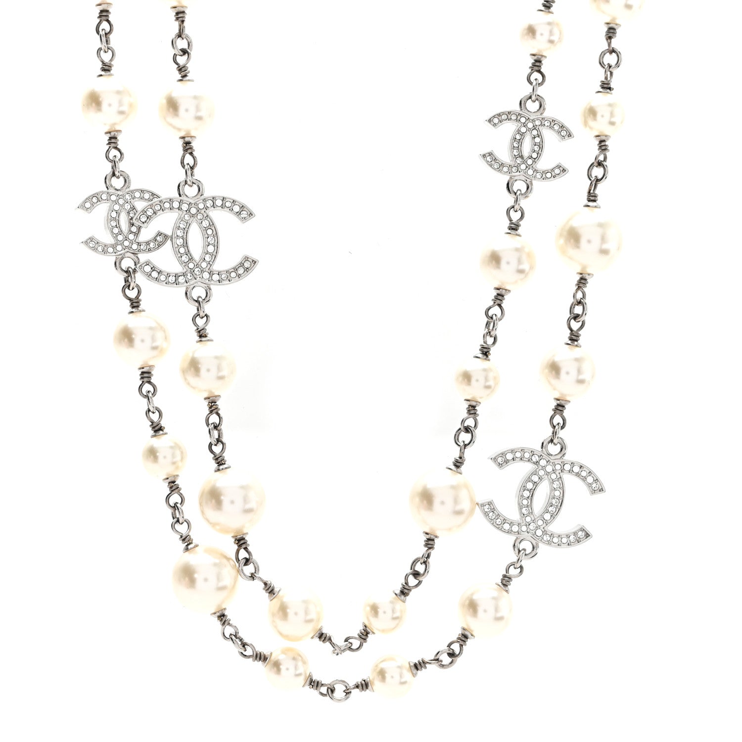 Chanel Graduated Pearl Crystal CC Long Necklace Silver 1 of 5