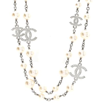 Chanel Graduated Pearl Crystal CC Long Necklace Silver 1 of 5