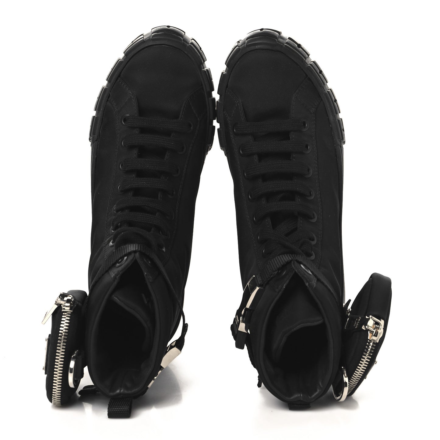 Re-Nylon Gabardine Metal Triangle Logo Womens Wheel Pouch Pocket High Top Sneakers 40.5 Black