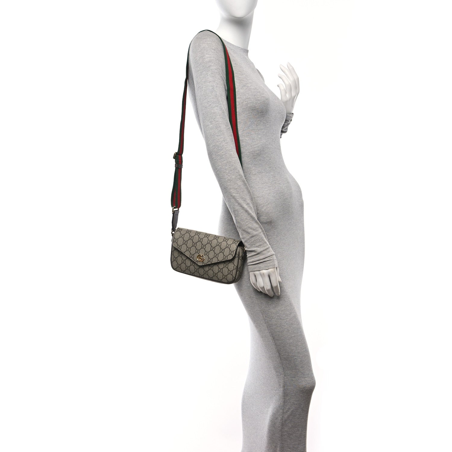 Gucci GG Supreme Monogram Textured Dollar Calfskin Web Mini Ophidia Envelope Shoulder Bag Beige Ebony 2 of 9