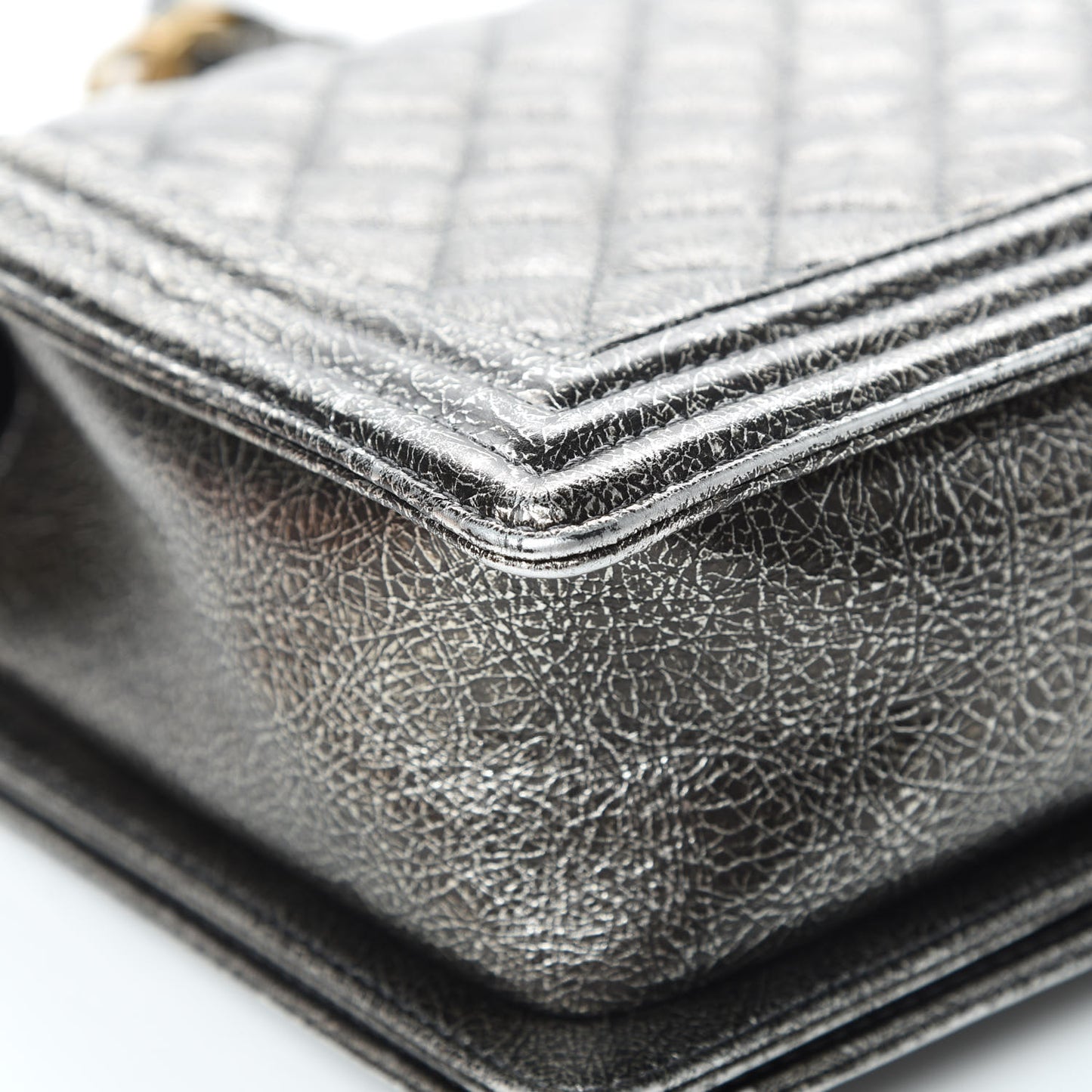 Cracked Metallic Calfskin Quilted New Medium Boy Flap Silver