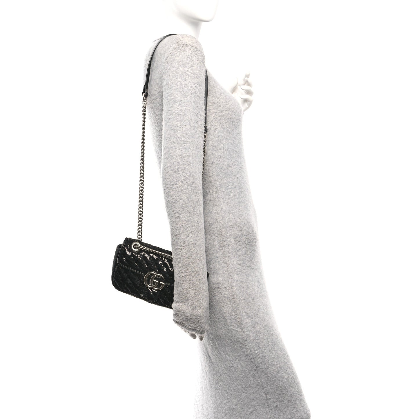 Sequin Matelasse Diagonal Mini GG Marmont Shoulder Bag Black