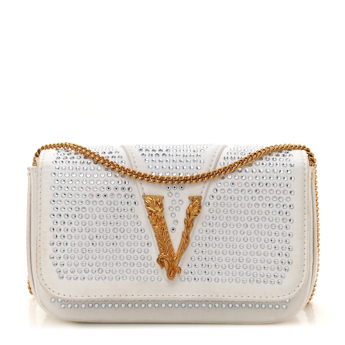 Satin Crystal Virtus Chain Clutch White