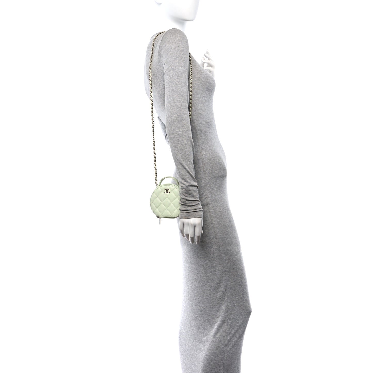 Caviar Quilted Round Handle With Care Vanity With Chain Light Green