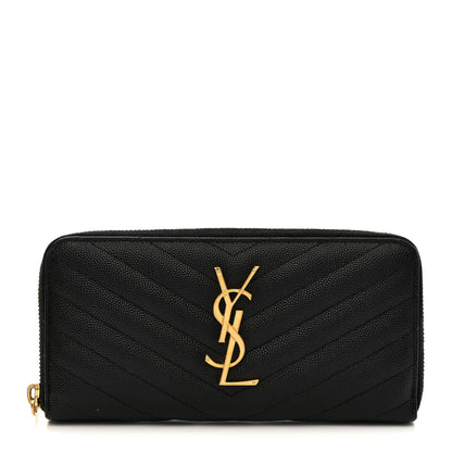 Saint Laurent Grain De Poudre Matelasse Chevron Monogram Zip Around Wallet Black 1 of 8