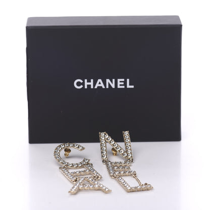 Chanel Crystal Cha-Nel Logo Drop Earrings Gold 5 of 5