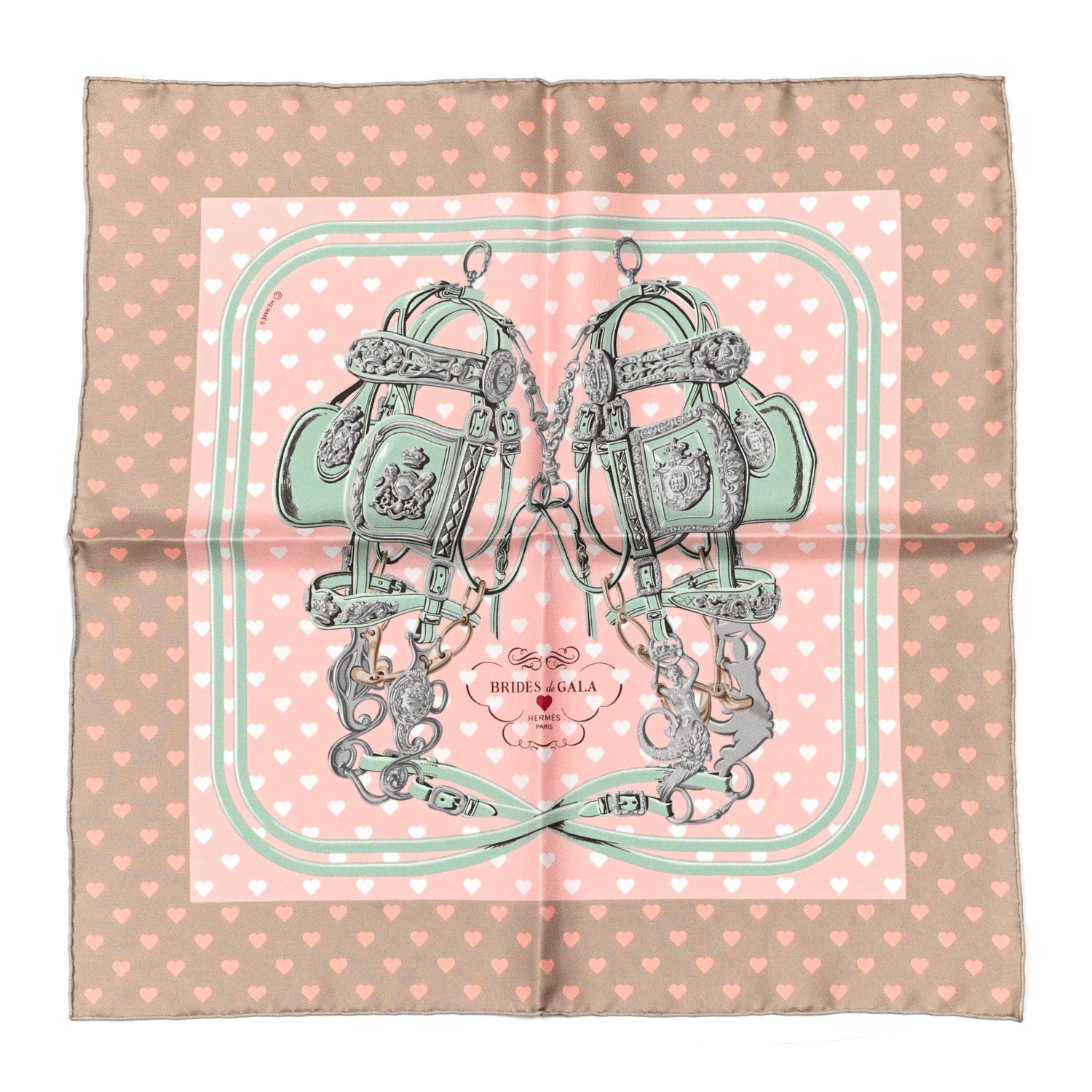 Hermes Silk Brides De Gala Love Pocket Square Beige Rose Dragee Vert Amande 1 of 4
