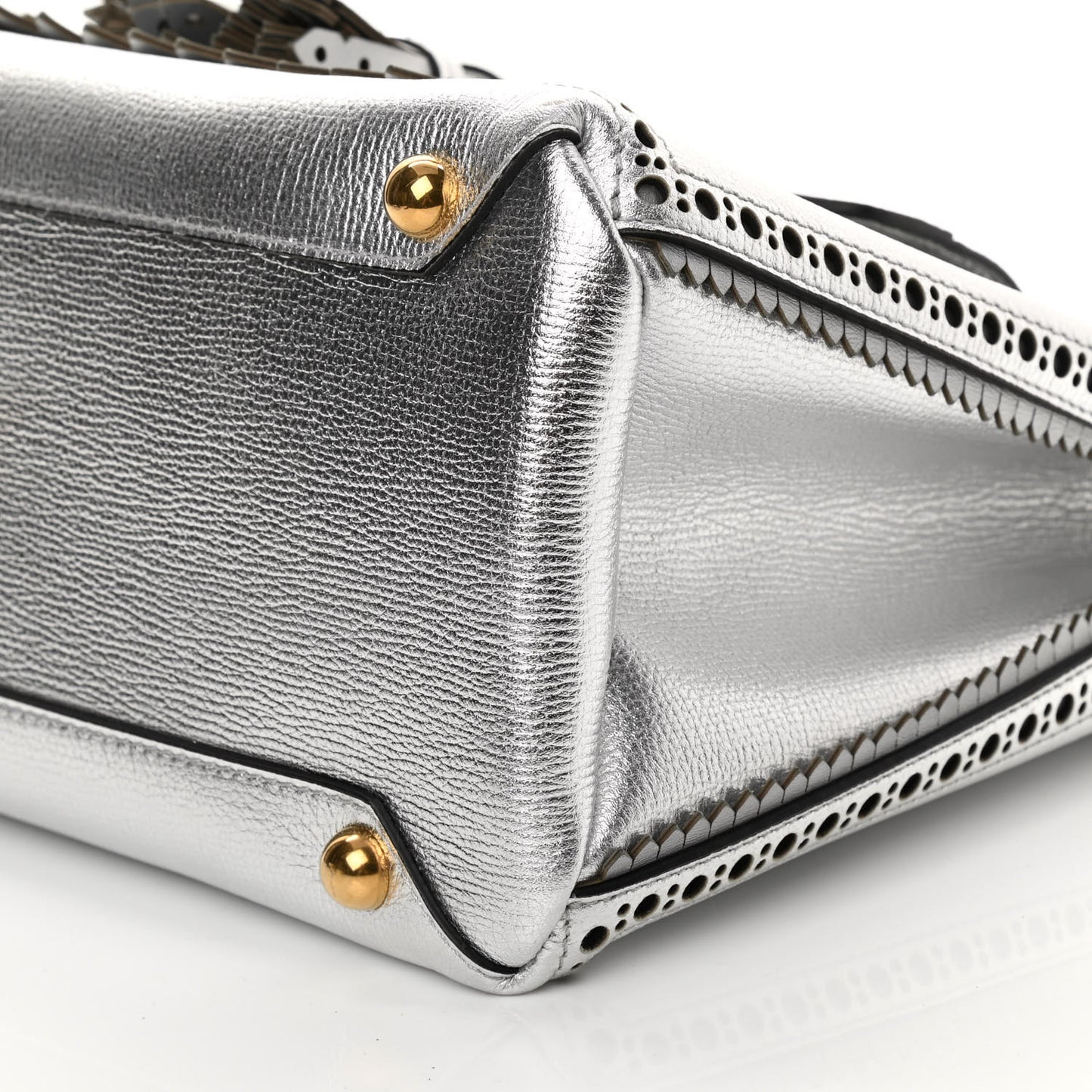 Metallic Calfskin Broguing Medium Banner Tote Silver