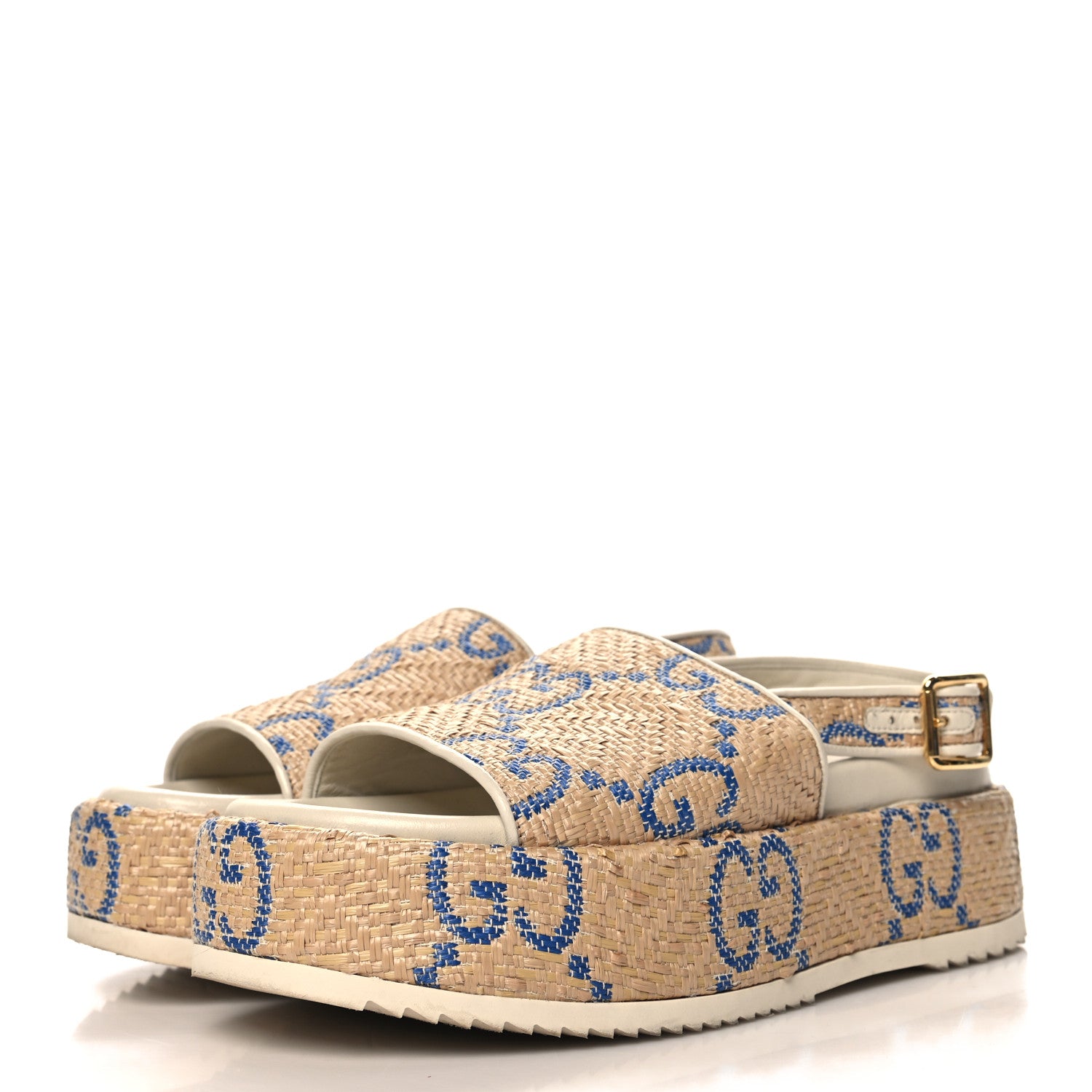 Gucci Raffia GG Monogram Granada Kid Angelina Platform 35mm Slingback Sandals 37.5 Natural Royale Mystic White 4 of 10