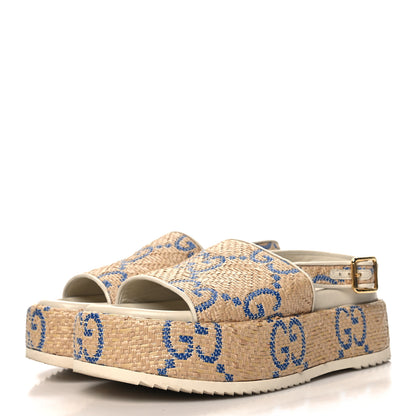 Gucci Raffia GG Monogram Granada Kid Angelina Platform 35mm Slingback Sandals 37.5 Natural Royale Mystic White 4 of 10