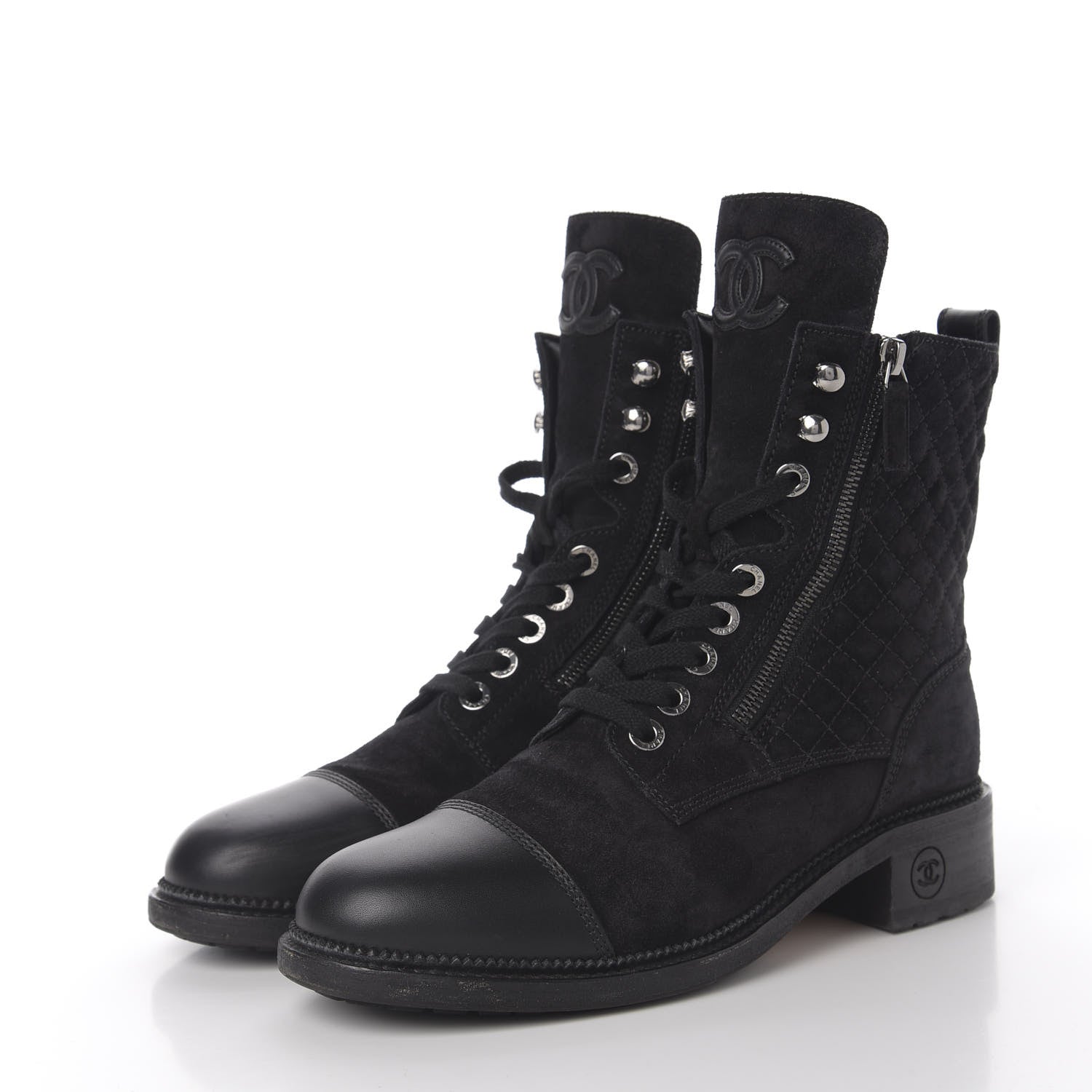 Chanel Suede Quilted CC Lace Up Combat Boots 41.5 Black 2 of 11