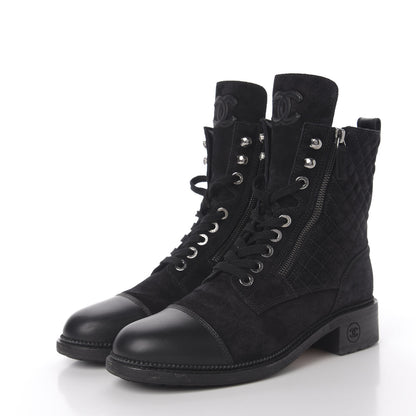 Chanel Suede Quilted CC Lace Up Combat Boots 41.5 Black 2 of 11