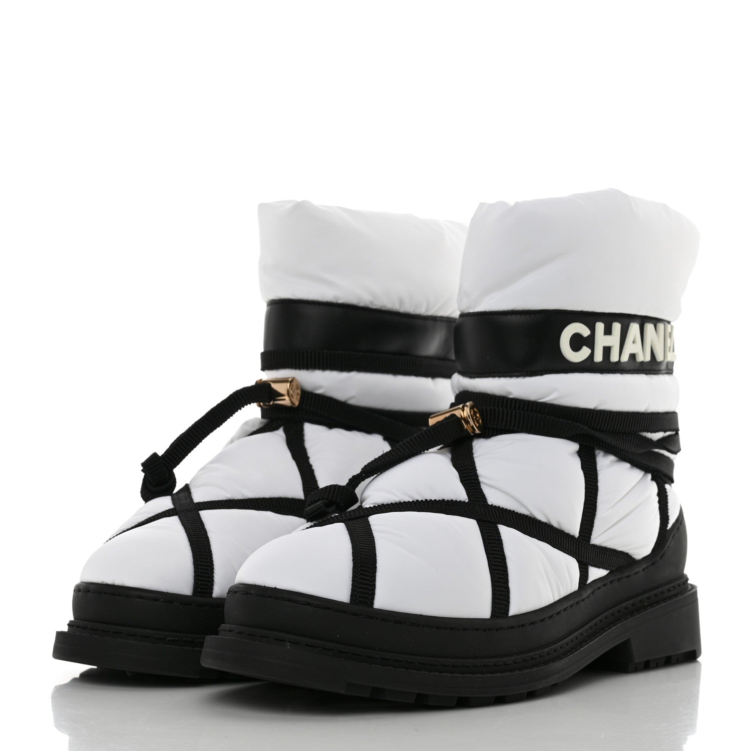Chanel Calfskin Nylon Grosgrain CC Ankle Snow Boots 39.5 White Black 3 of 11