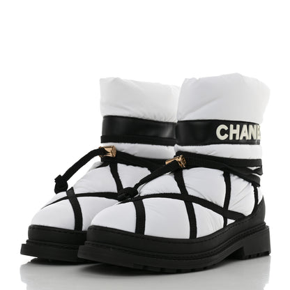 Chanel Calfskin Nylon Grosgrain CC Ankle Snow Boots 39.5 White Black 3 of 11