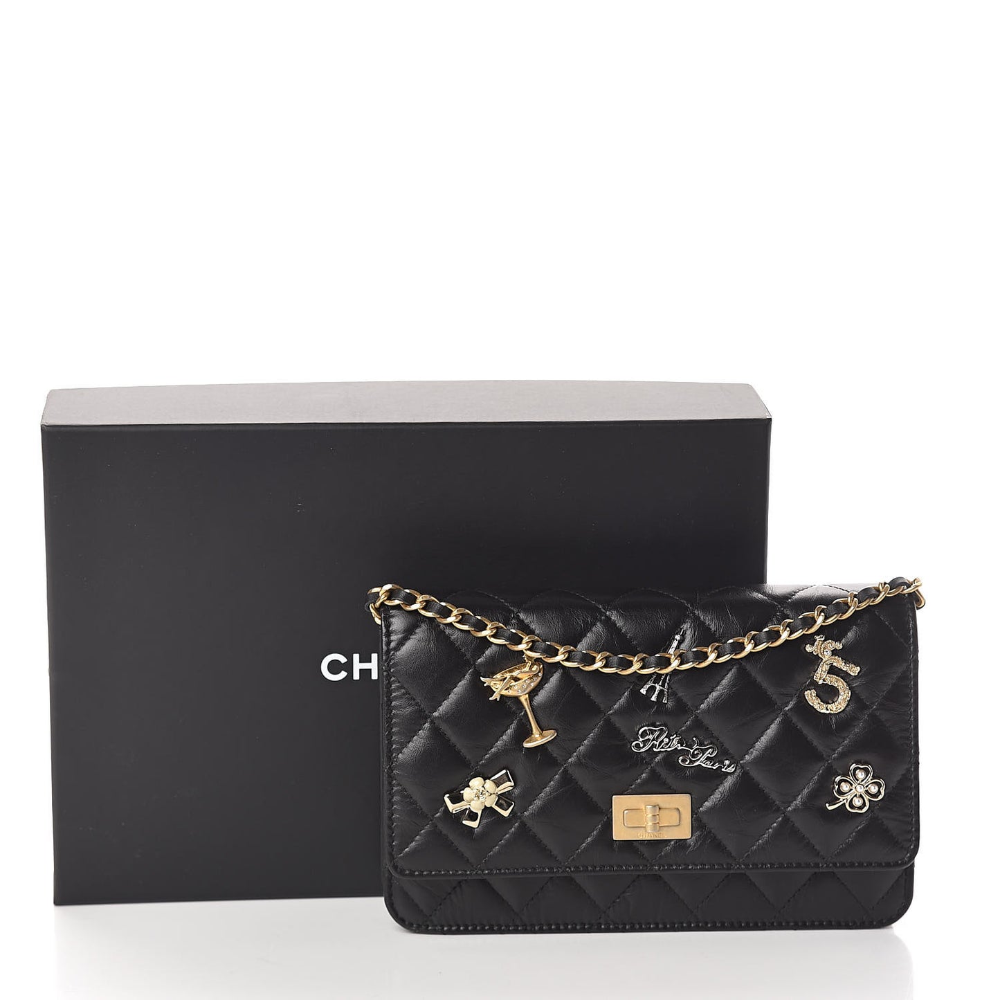 Aged Calfskin Quilted Lucky Charms 2.55 Reissue Wallet On Chain WOC Black