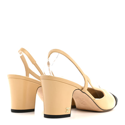 Chanel Goatskin Grosgrain Cap Toe CC Slingback Pumps 37.5 Beige Black 5 of 10