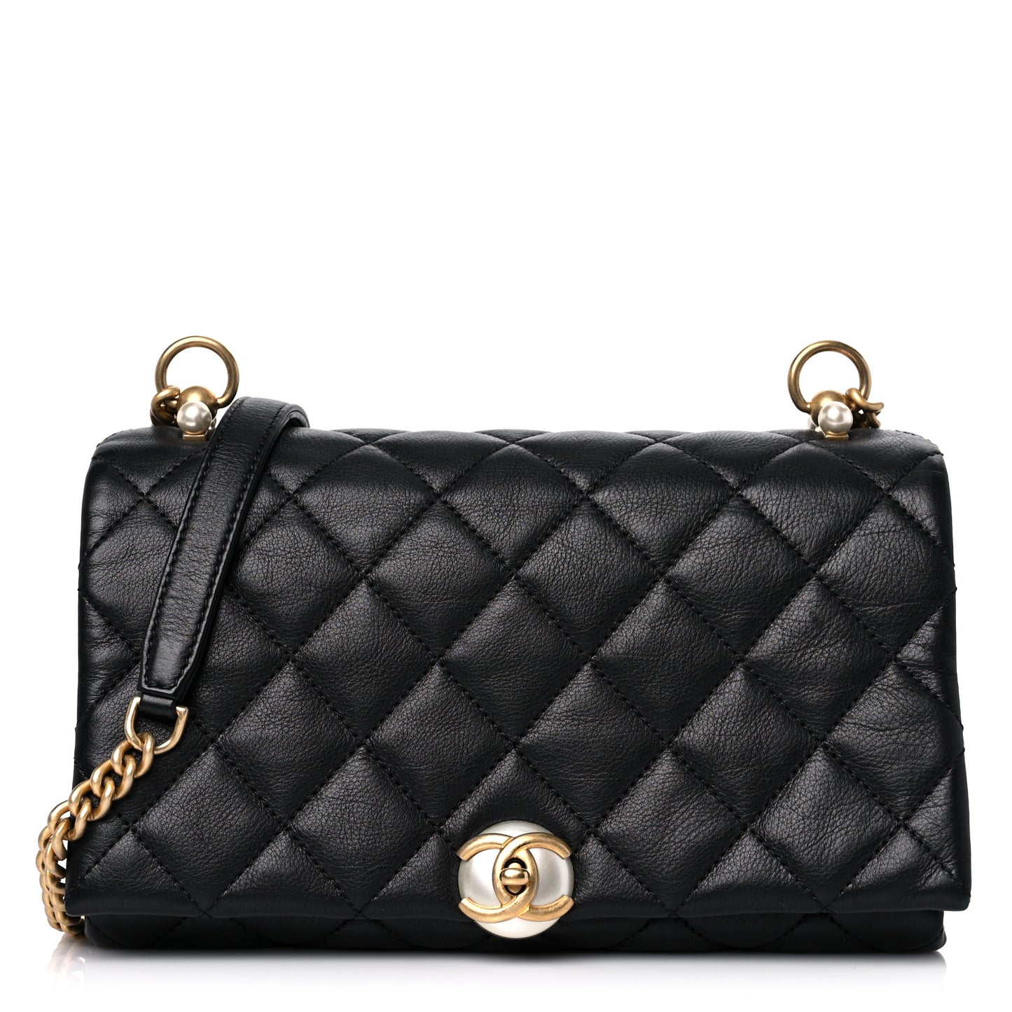 Calfskin Quilted Accordion Pearl CC Small Flap Bag Black