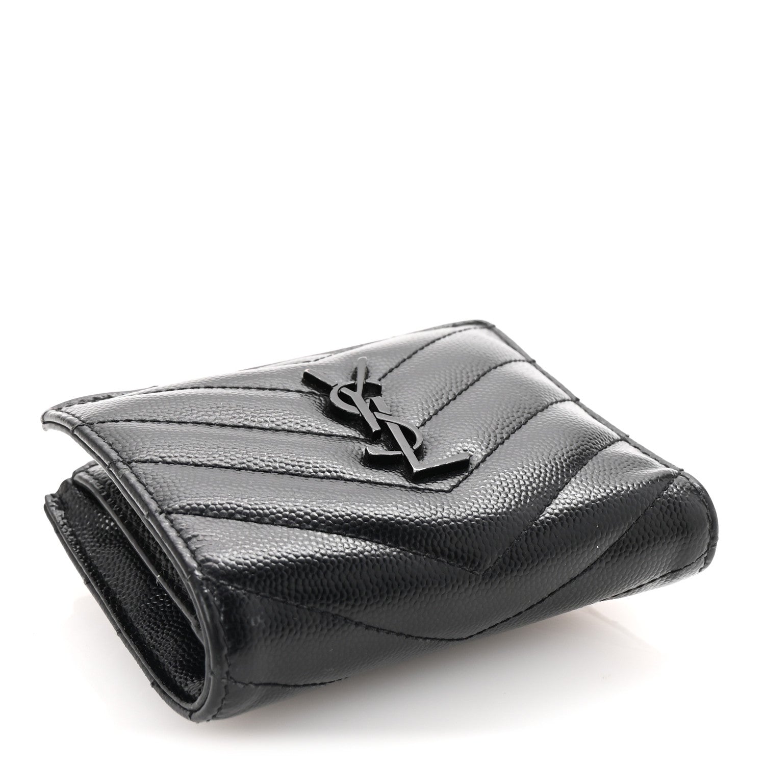 Saint Laurent Grain De Poudre Matelasse Chevron Monogram Zipped Card Case Black 4 of 7