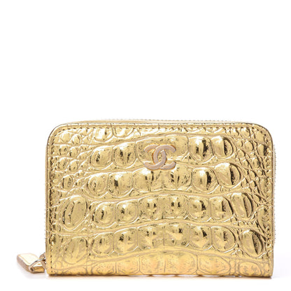 Chanel Metallic Calfskin Crocodile Embossed Cocodile Zip Coin Case Gold 1 of 7