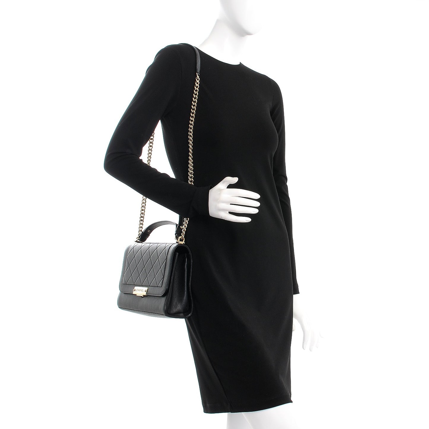 Grained Calfskin Quilted Medium Label Click Flap Bag Black
