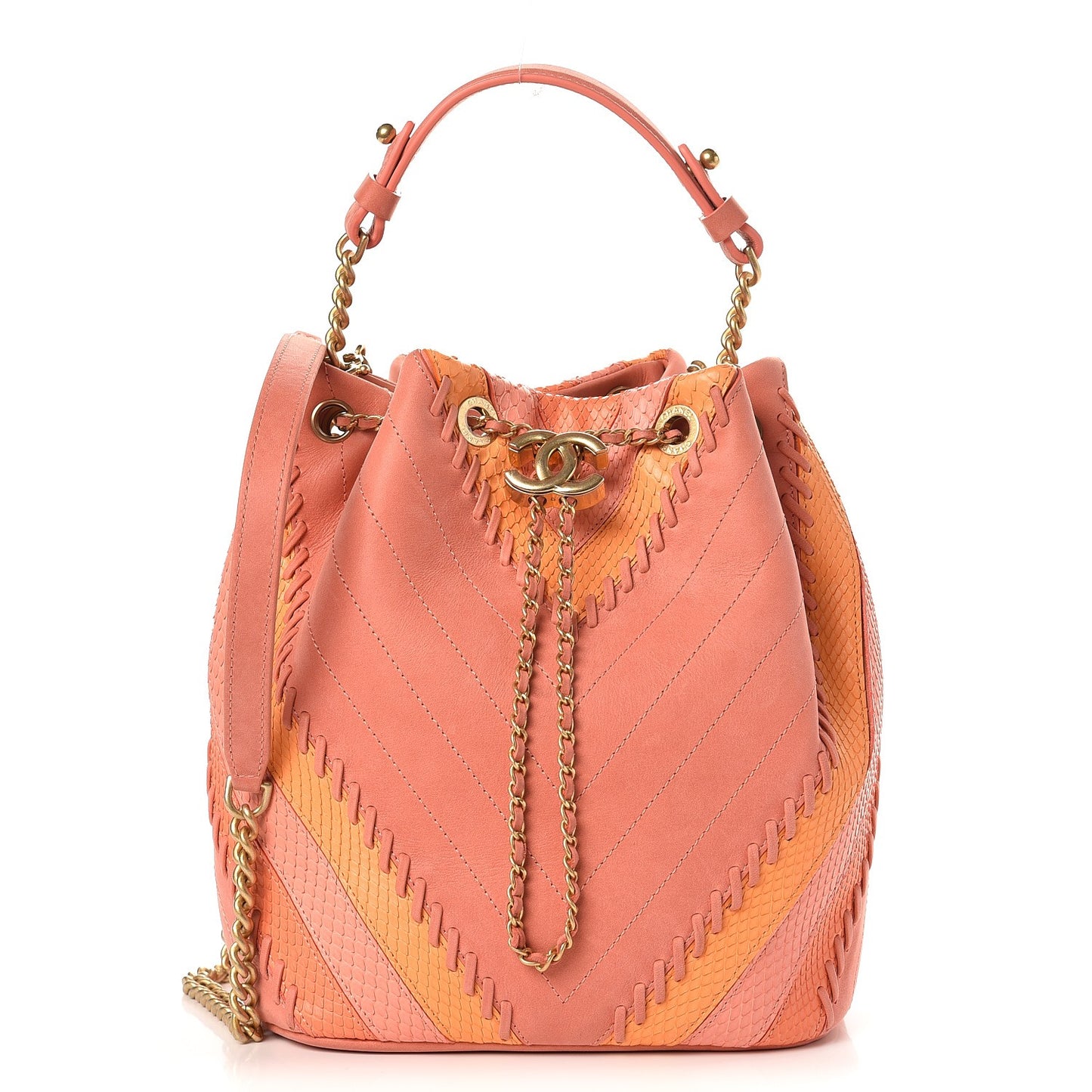 Iridescent Calfskin Python Patchwork Chevron Drawstring Bag Coral