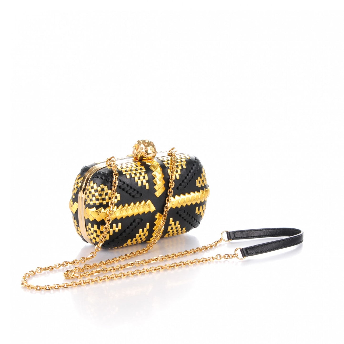 Calfskin Woven Pearl Crystal Skull Box Clutch Black Gold