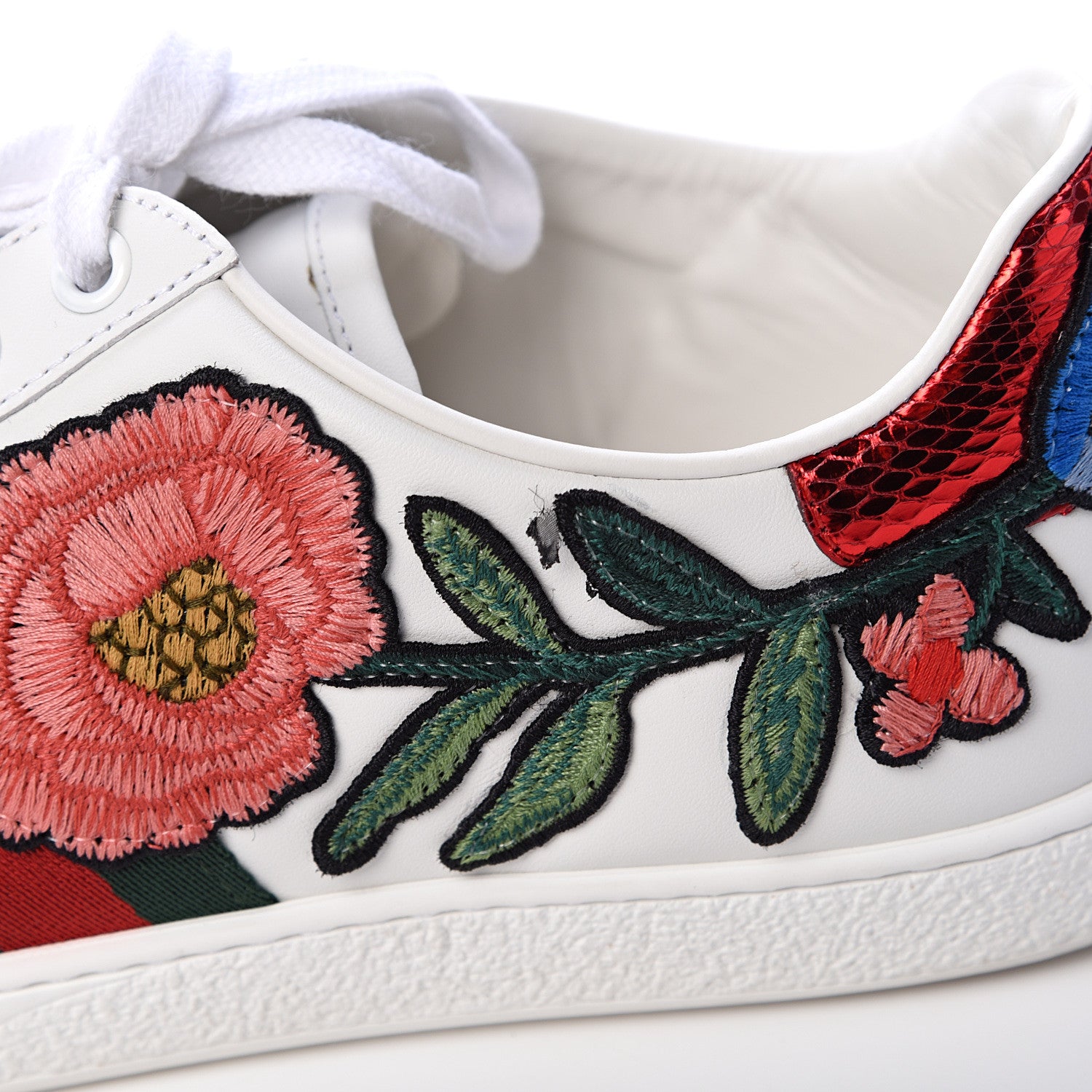 Gucci Calfskin Web Floral Embroidered Womens Ace Sneakers 38.5 White 8 of 9