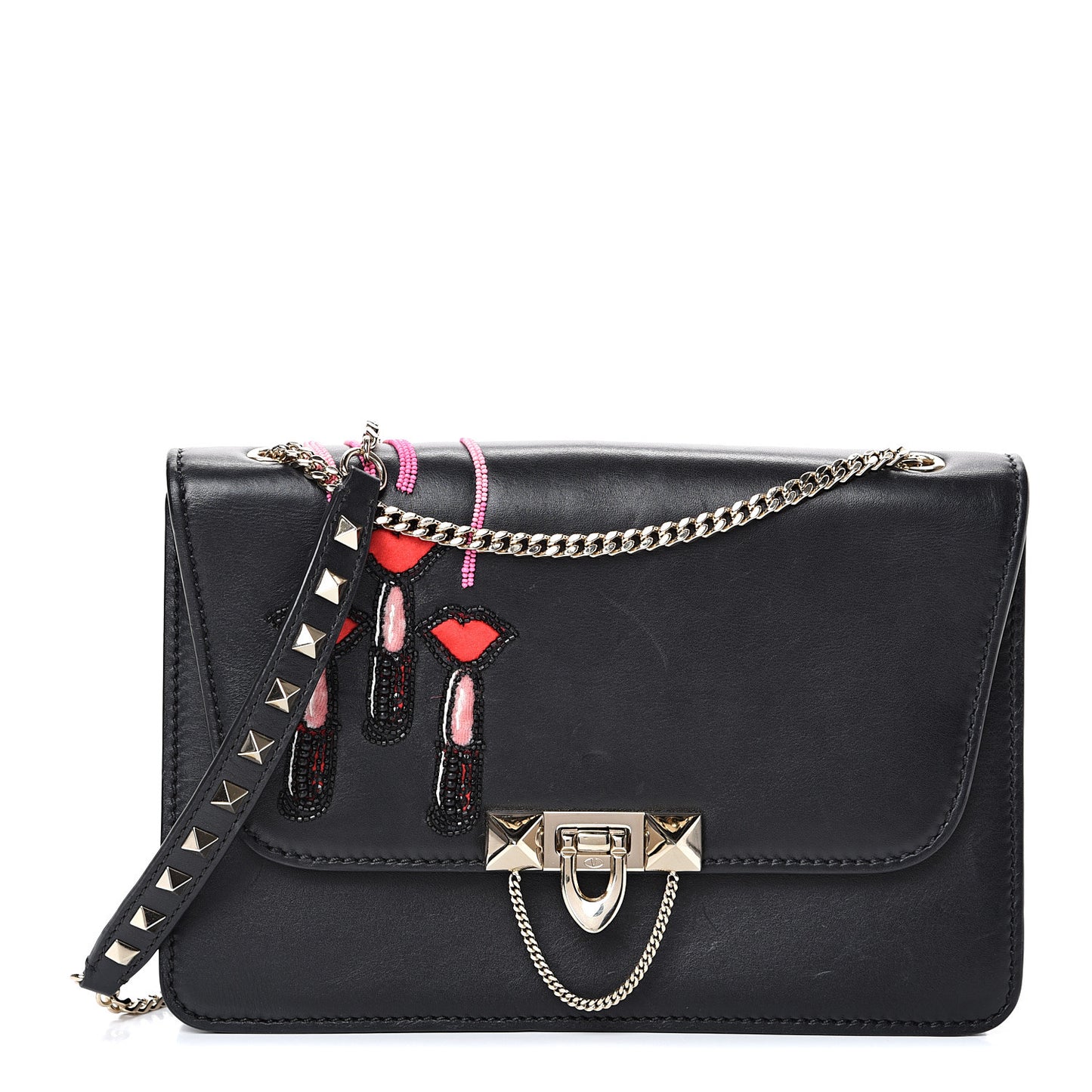 Calfskin Lipstick Small Rockstud Demilune Shoulder Bag Black
