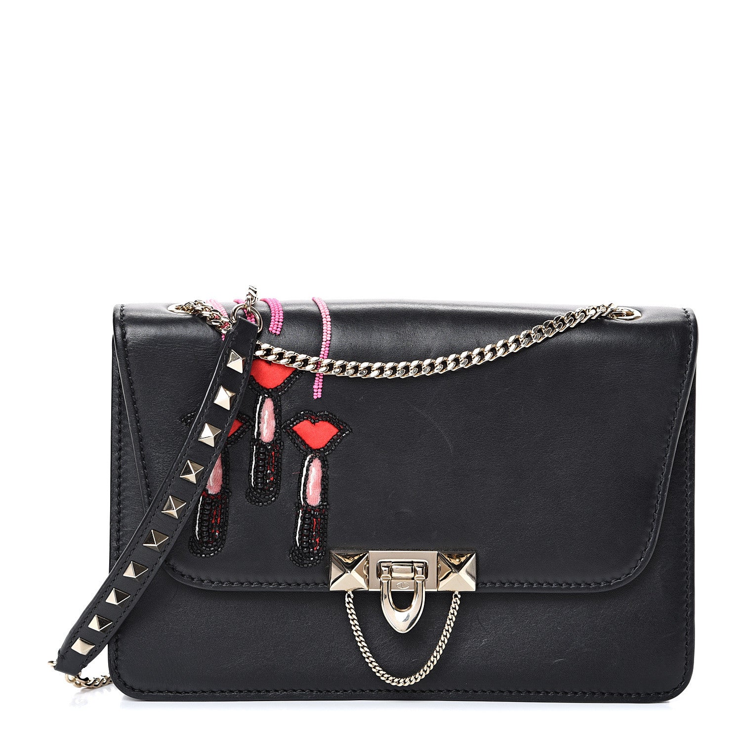Valentino Garavani Calfskin Lipstick Small Rockstud Demilune Shoulder Bag Black 1 of 15