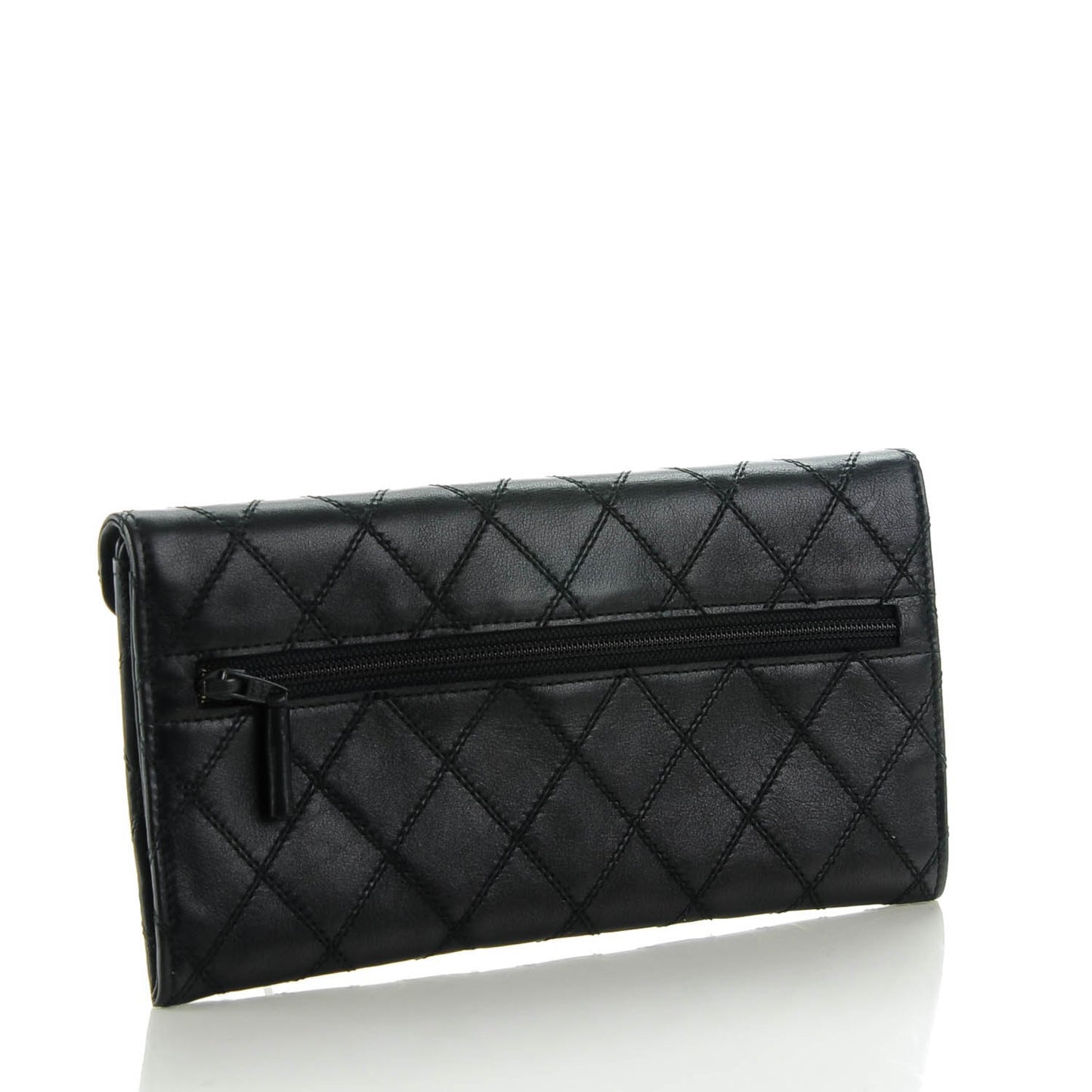 Lambskin Diamond Stitched Long Flap Wallet Black