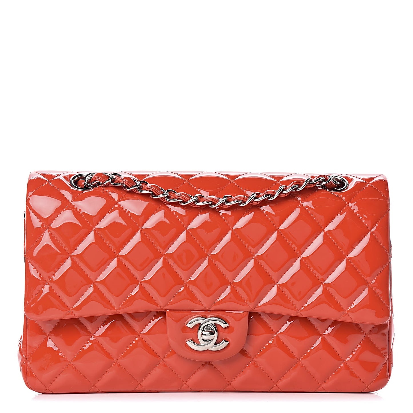 Patent Calfskin Quilted Medium Double Flap Red