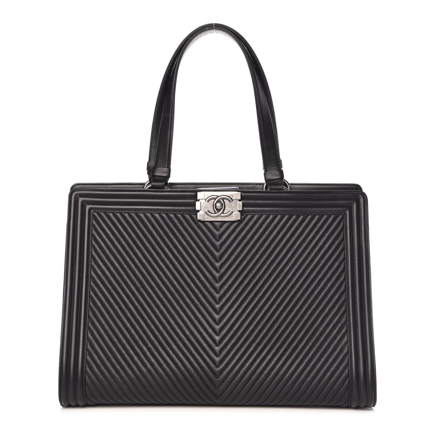 Calfskin Chevron Quilted Boy Shopping Tote Black