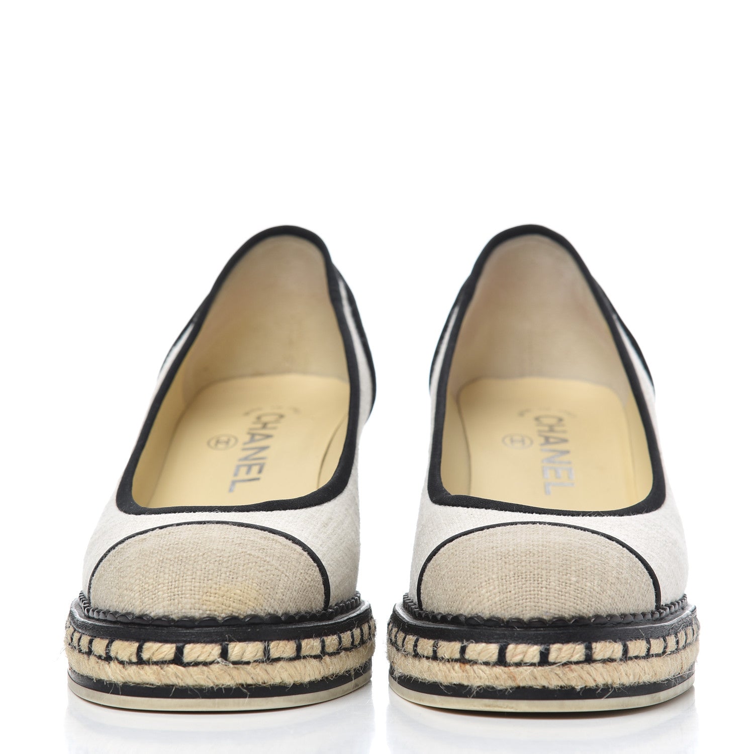 Chanel Toile Cap Toe Espadrille Wedges 36.5 Beige Black 2 of 17