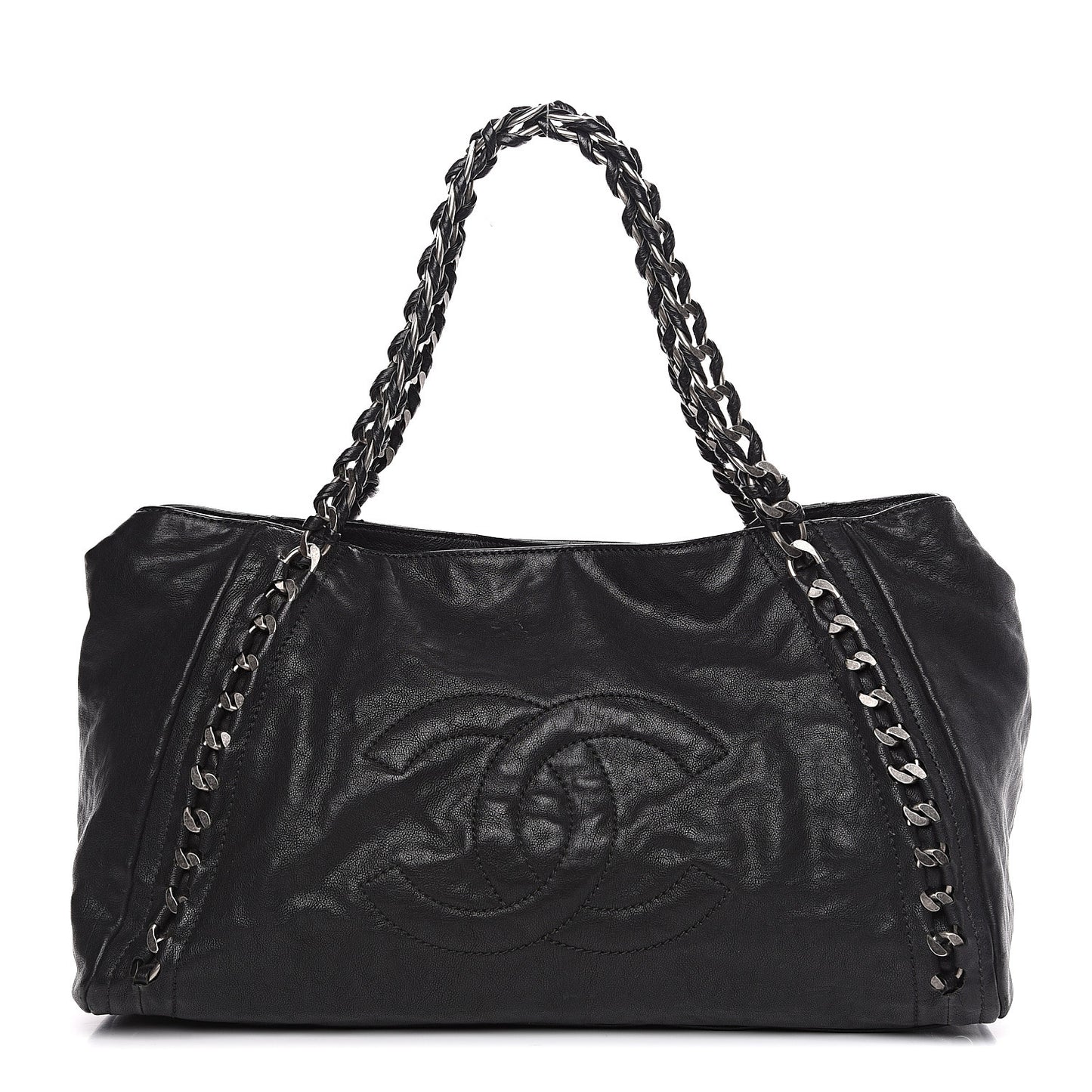 Glazed Calfskin East West Modern Chain Tote Black