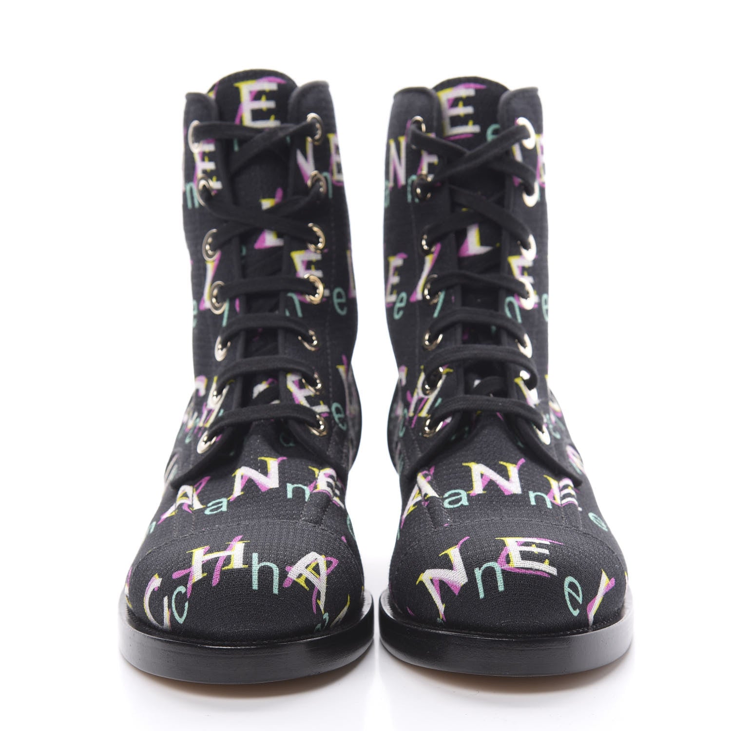 Chanel Tweed Lace Up Short Boots 38 Black Ecru Green Red 2 of 7