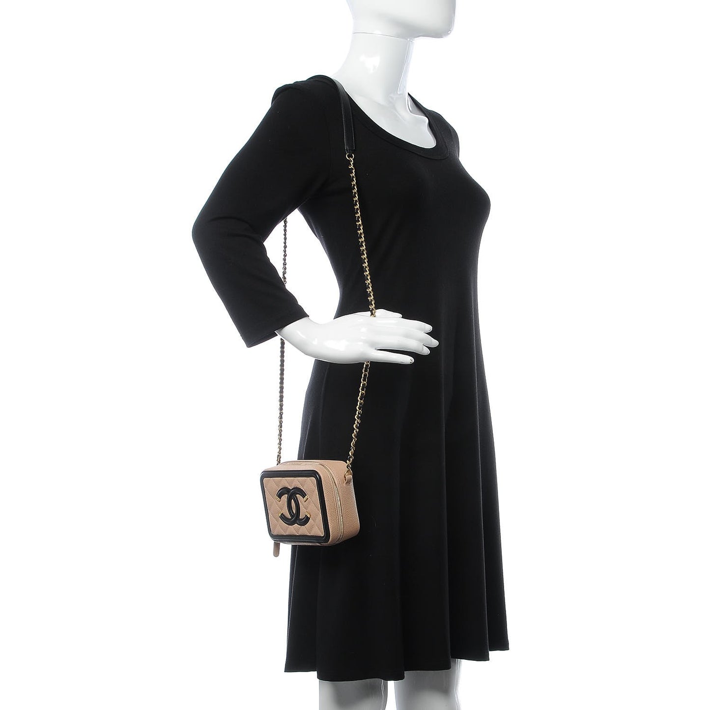 Caviar Quilted CC Filigree Vanity Clutch With Chain Beige Black