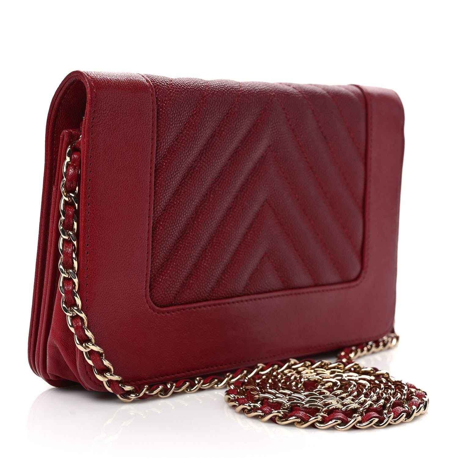 Chanel Sheepskin Caviar Chevron Quilted Vintage Mademoiselle Wallet On Chain WOC Red 3 of 9