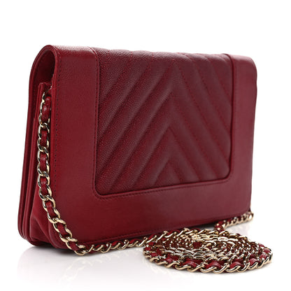 Chanel Sheepskin Caviar Chevron Quilted Vintage Mademoiselle Wallet On Chain WOC Red 3 of 9