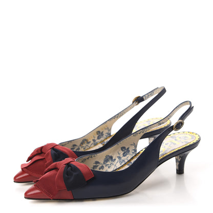 Gucci Malaga Kid Web Bow Jane Low Heel Slingback Pumps 36 Navy 3 of 10
