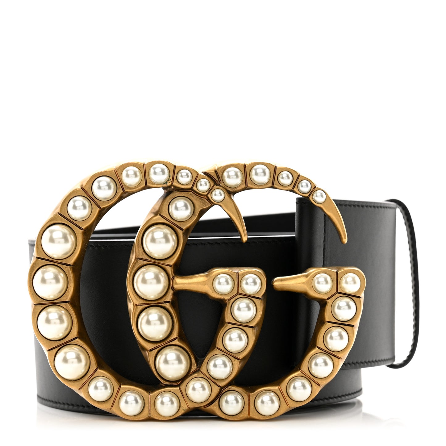 Moon Calfskin Pearl Double G 70mm Belt 80 32 Black Cream
