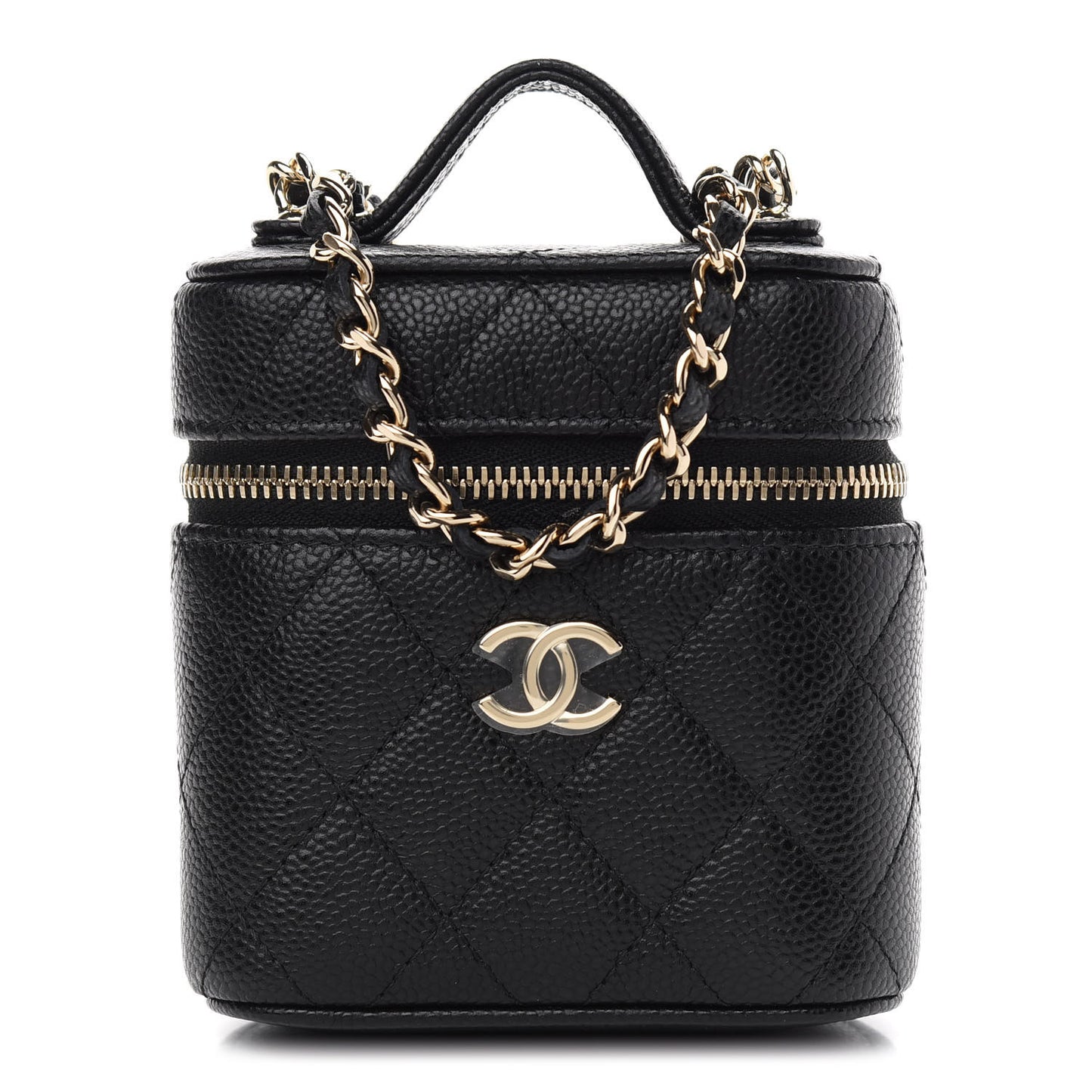 Caviar Quilted Small Handle With Care Vanity Case With Chain Black