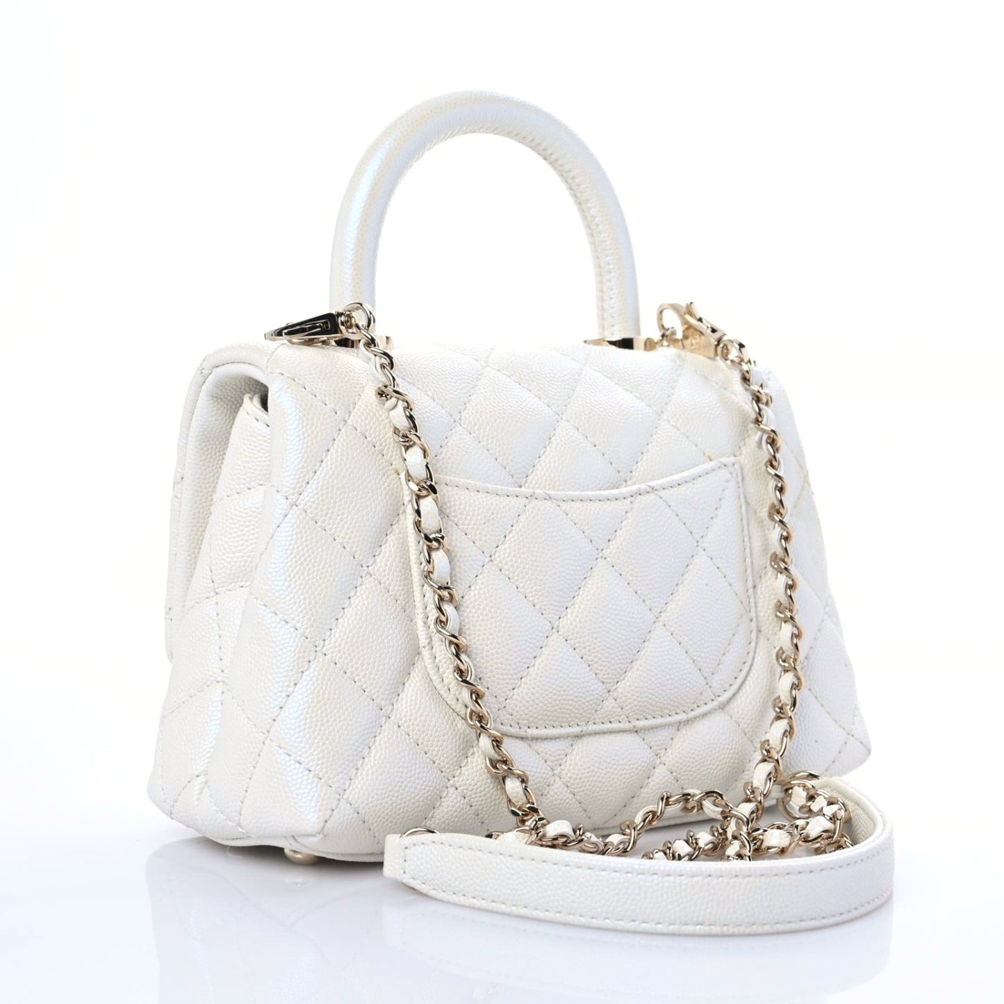 Iridescent Caviar Quilted Extra Mini Coco Handle Flap White