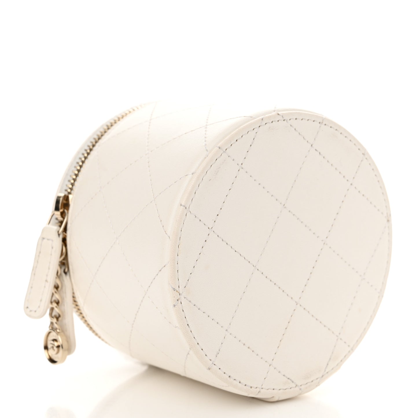 Lambskin Quilted Round Small Vanity Case With Chain White Black