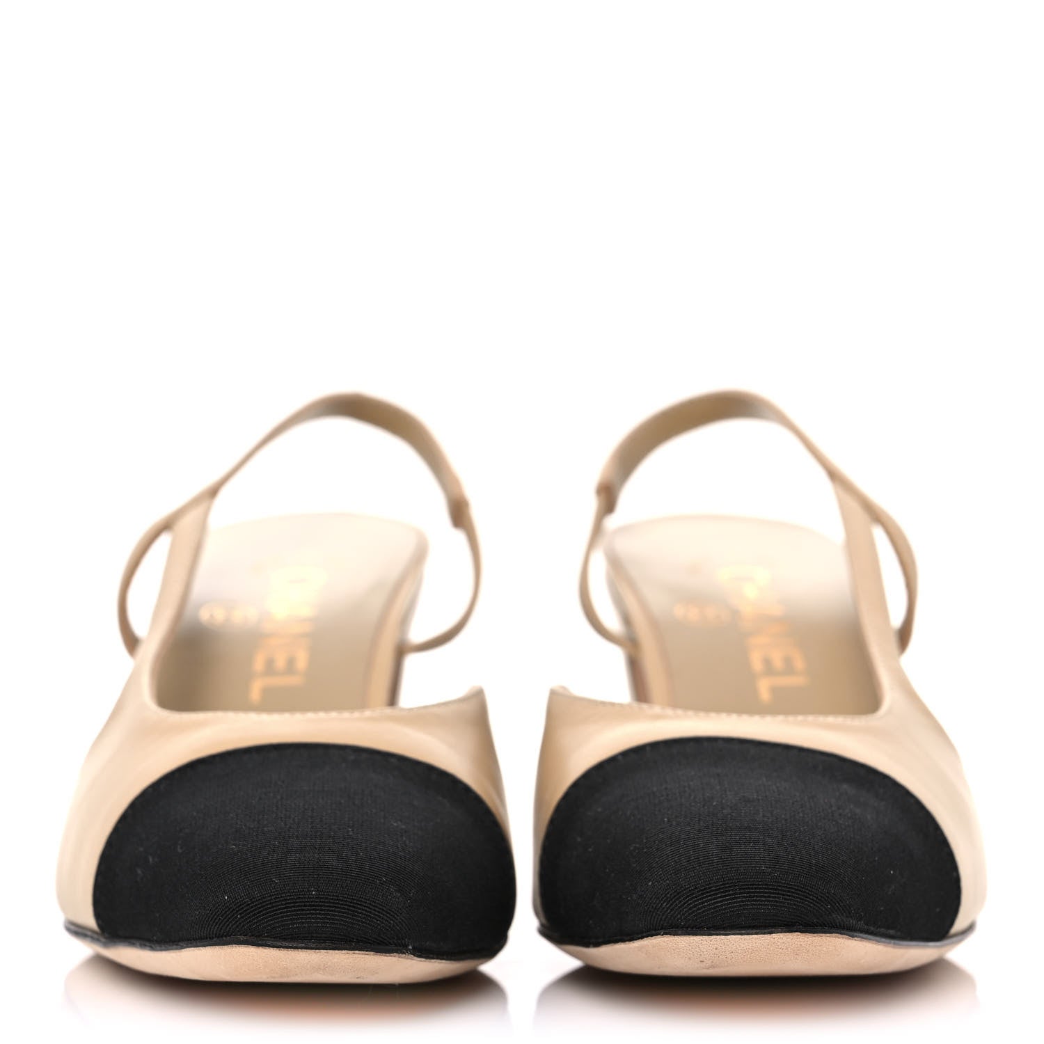 Chanel Goatskin Grosgrain Cap Toe CC Slingback Pumps 37.5 Beige Black 2 of 10