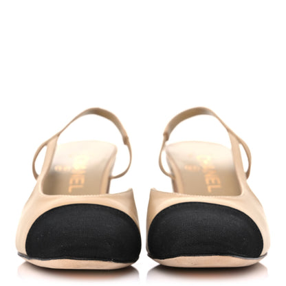 Chanel Goatskin Grosgrain Cap Toe CC Slingback Pumps 37.5 Beige Black 2 of 10