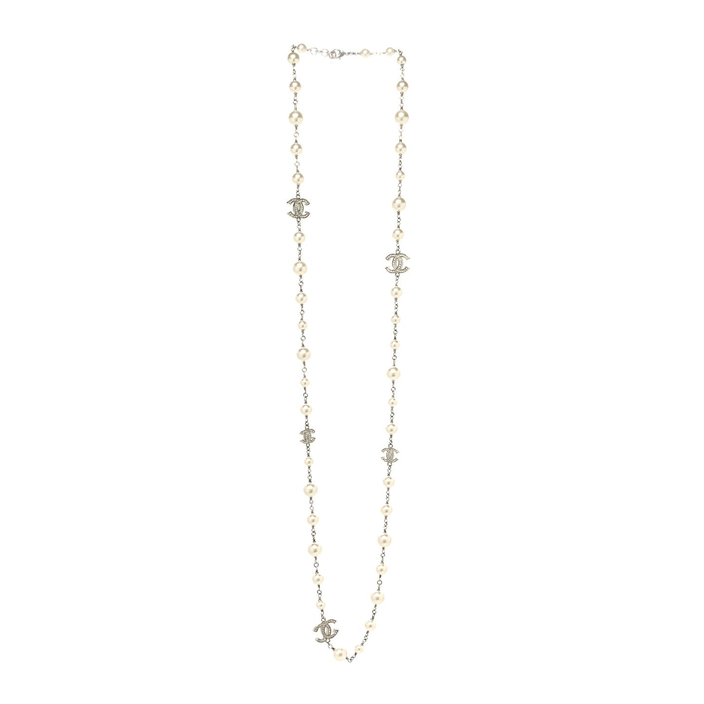 Graduated Pearl Crystal CC Long Necklace Silver