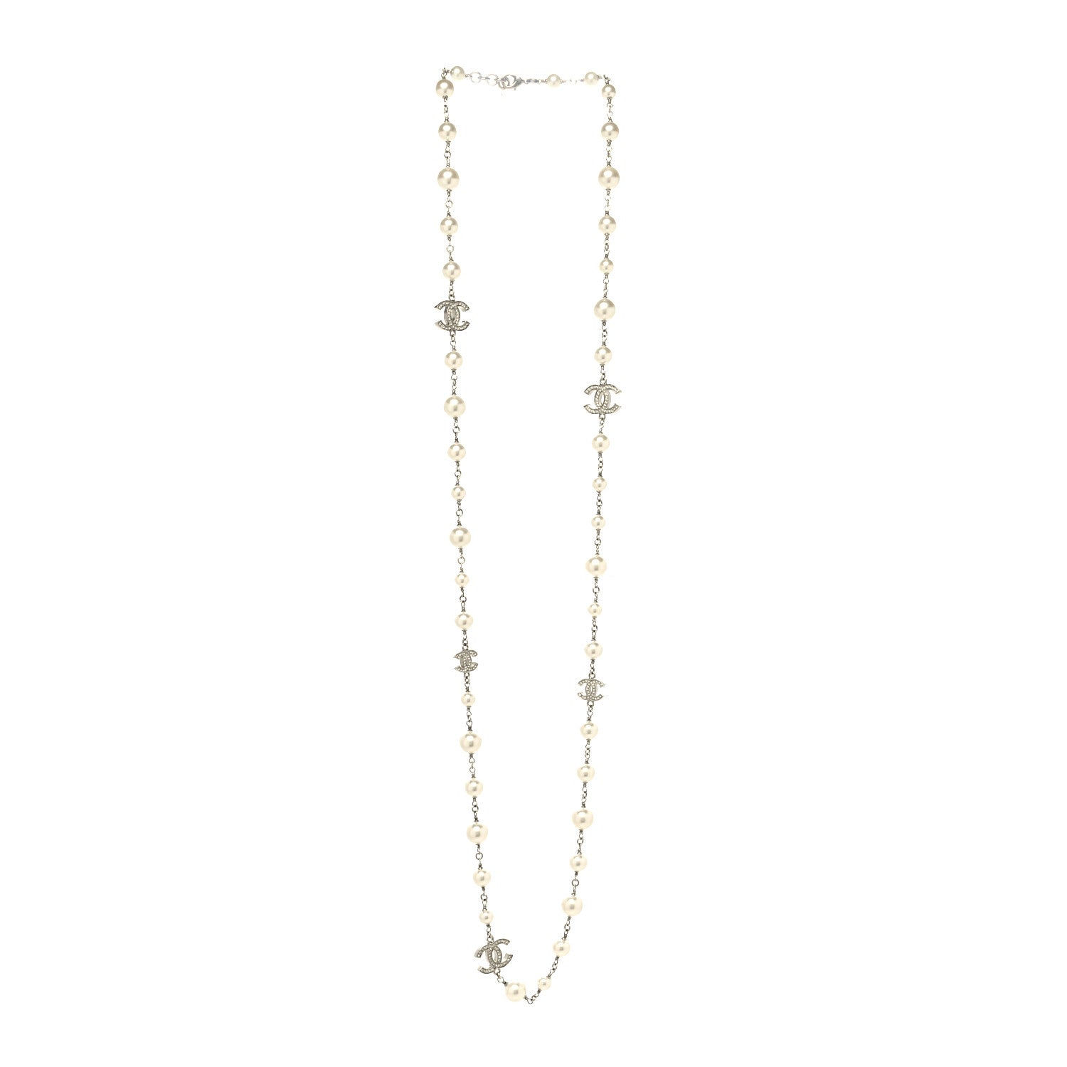 Chanel Graduated Pearl Crystal CC Long Necklace Silver 3 of 5