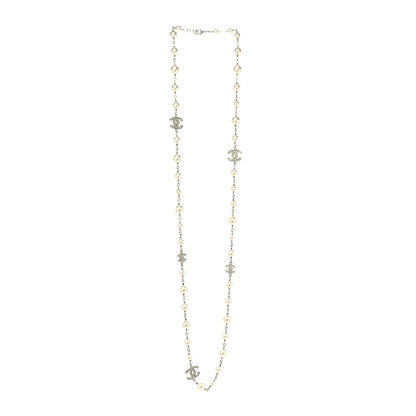 Chanel Graduated Pearl Crystal CC Long Necklace Silver 3 of 5