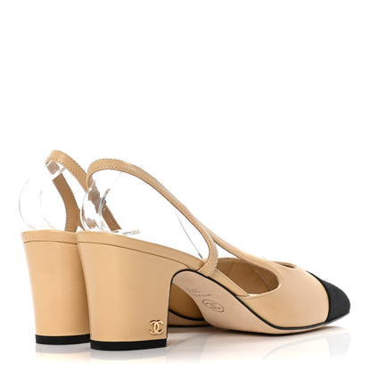 Chanel Goatskin Grosgrain Cap Toe CC Slingback Pumps 37.5 Beige Black 4 of 10